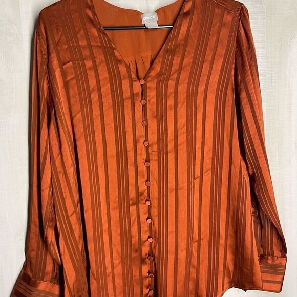 Chico’s rust color blouse‎ button front with scarf, size 2, size 12/14. - Picture 14 of 16